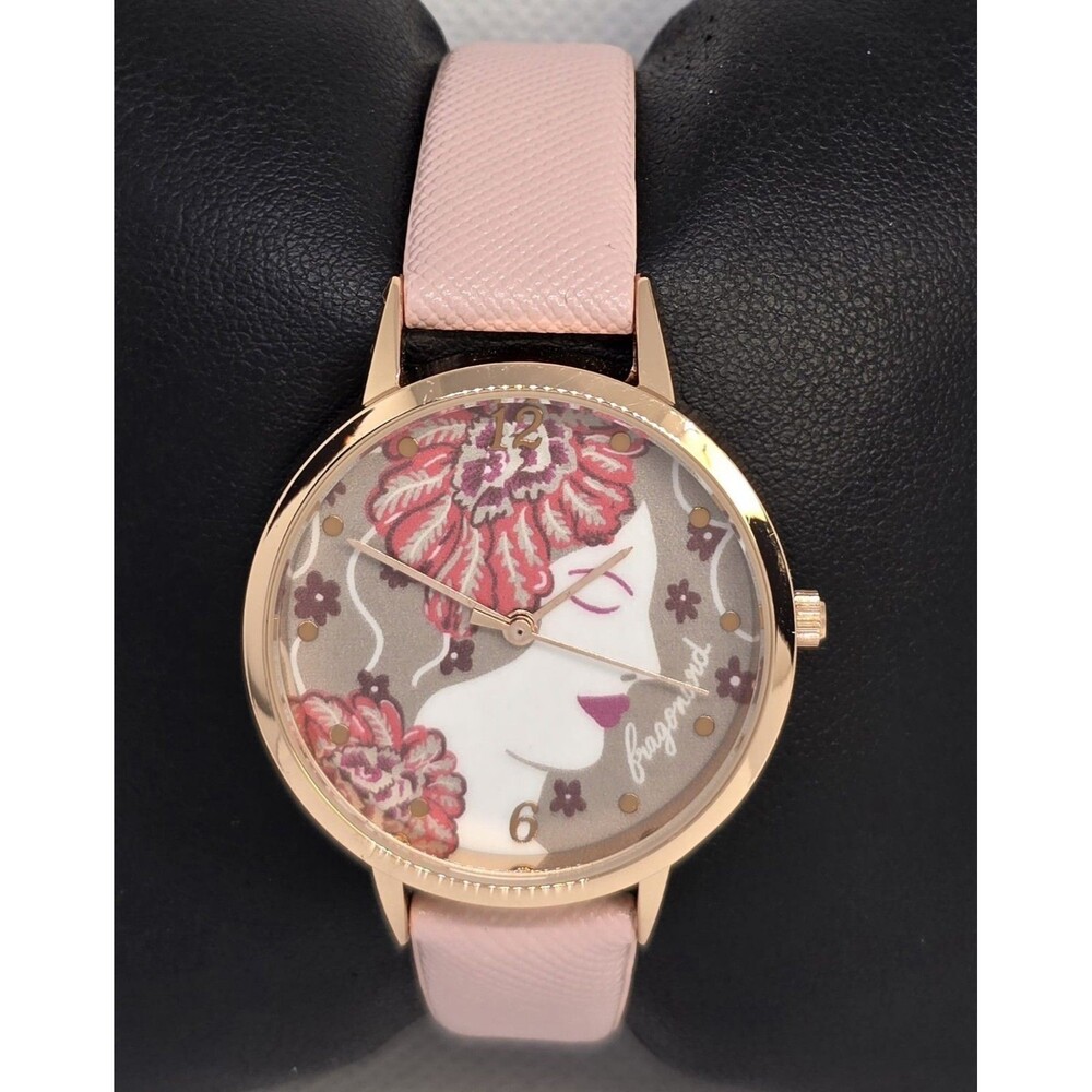 Women's Fragonard Perfumuer Floral Dial Rose Gold Tone Pink Leather Watch 05